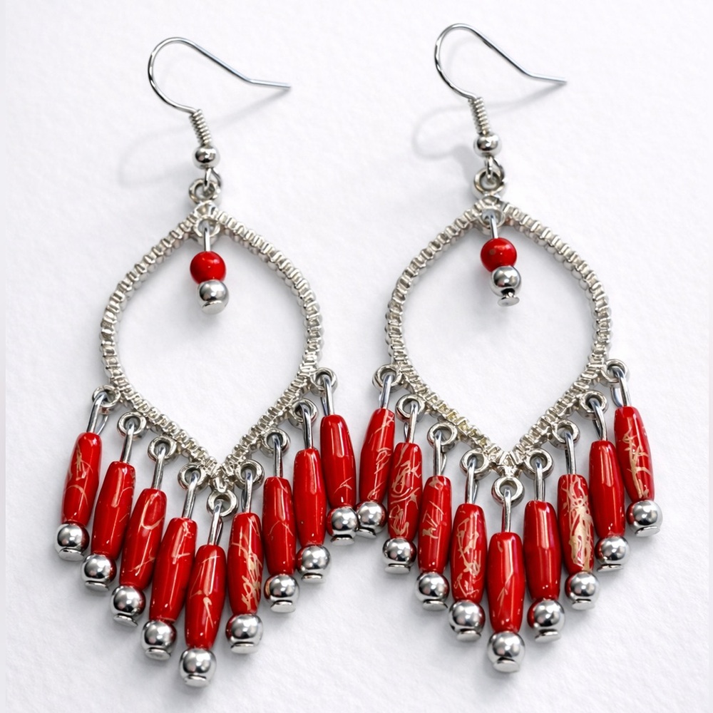 Western Boho Red Beaded Fringe Dangle Earrings Silver Tone Statement Chic